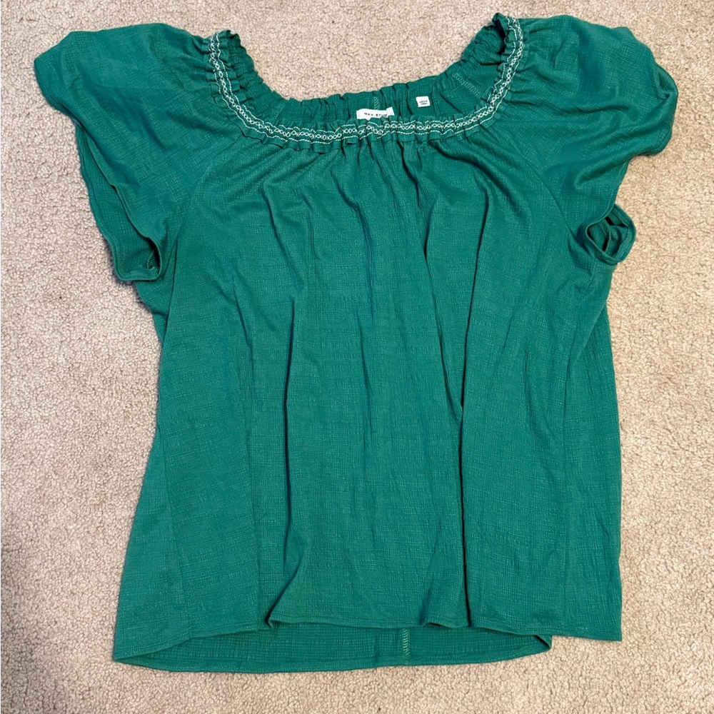 Max Studio Teal Blouse with Ruffled Neckline